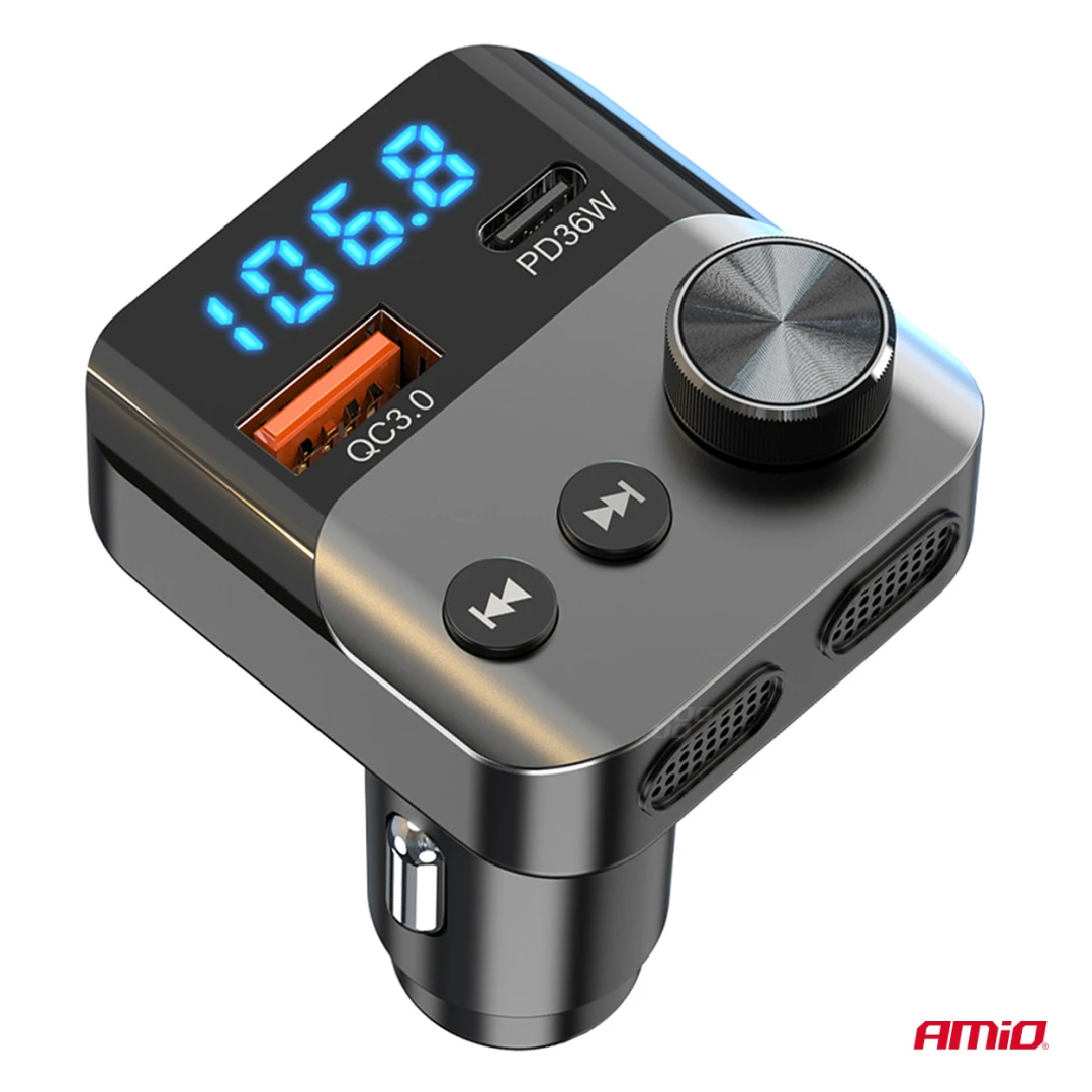 AMIO FM transmitter 1×USB-A 1×USB-C 12/24V
