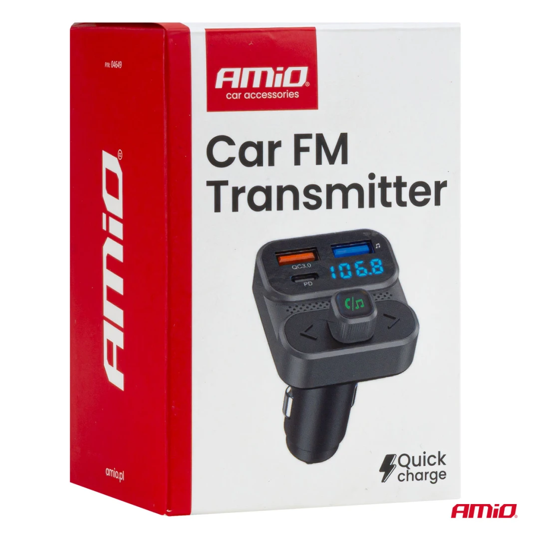 AMIO FM transmitter 2×USB-A 1×USB 12V 24V