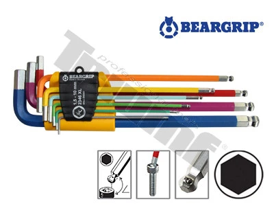 Sada farebných kľúčov s poistnou guličkou, inbus s guličkou extra dlhé 2346XL (1,5-10 mm), Beargrip
