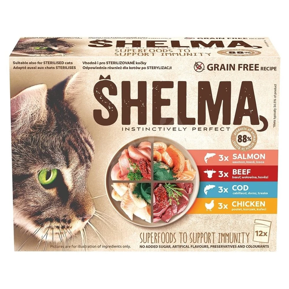 SHELMA kapsička losos, treska, kuracie, hovädzie pre mačky - 12x85g