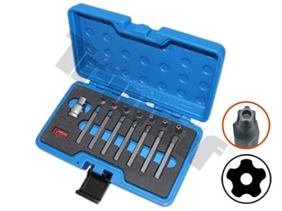 Sada bitov Torx 5-cípy  vŕtaný, 10 mm driek, 15-dielna s adaptérom.
